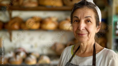 Portrait of a seller at bread shop, blurred shelves in the background 
