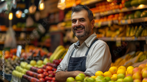 Portrait of a seller at fruit shop, blurred shelves in the background 