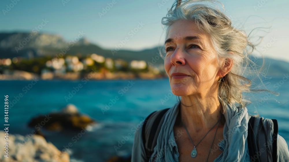 Portrait of a mature person gazing thoughtfully at the horizon by a serene blue sea Portrait of a mature person gazing thoughtfully at the horizon by a serene blue sea