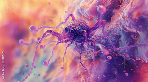 Surreal mite depiction with exaggerated features, on a surreal abstract background 