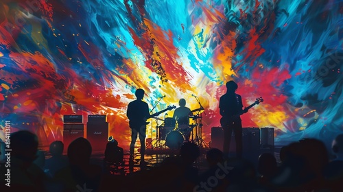 A rock band is playing on a stage. The background is a colorful abstract painting. The band members are in silhouette. The crowd is cheering.