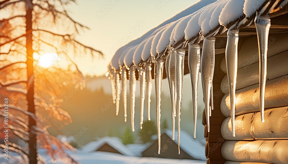 Crystal-clear icicles hanging from the eaves of a rustic cabin, catching the sunlight in a dazzling display. AI generated