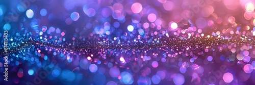 Blurred defocused background with purple and blue lights, glitter texture. Wide banner f