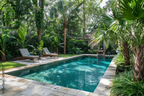Tropical backyard with a refreshing swimming pool and loungers surrounded by lush greenery.