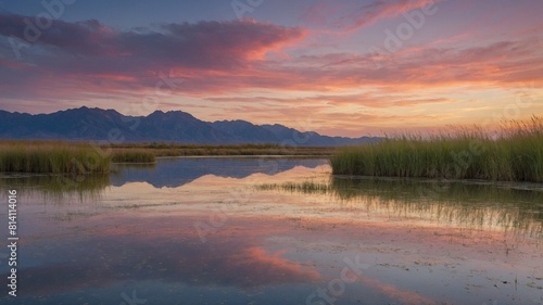 Breathtaking sunset taking place over tranquil wetland  painting sky with hues of pink  orange  purple. Calm waters below mirror these vibrant colors  creating symmetrical visual spectacle.