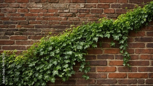 Lush green ivy gracefully climbing, spreading across textured brick wall, showcasing beautiful contrast between natural, man-made elements. Vibrant green leaves densely packed. © Tamazina