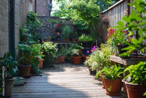 Cozy backyard garden with lush plants in pots on a sunny day