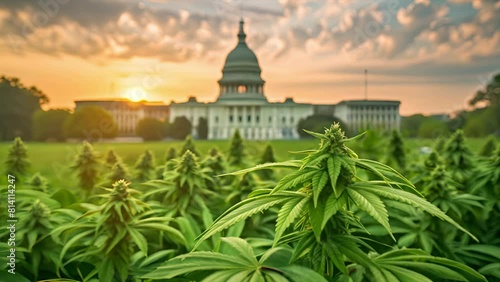 Pushing through Marijuana plants towards the United States Capitol at sunrise. Background video for legalization news broadcast or cannabis advertising. photo