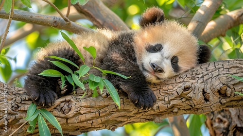  A panda bear naps atop a tree branch, its head perched atop another branch