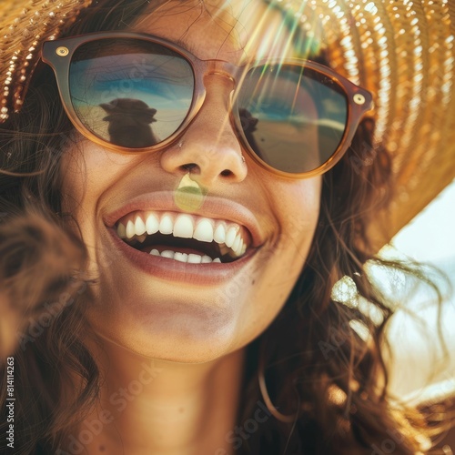 A happy woman in a sun hat and sunglasses is smiling on the beach, enjoying the sun and having fun while on a travel adventure AIG50 © Summit Art Creations