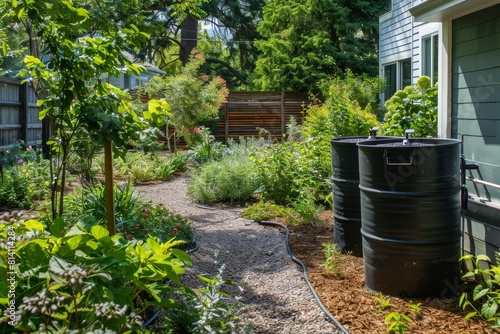 Backyard garden with rainwater collection system and lush greenery along a gravel path.