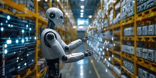 Robot humanoid working in warehouse using artificial intelligence and machine learning 3D rendering