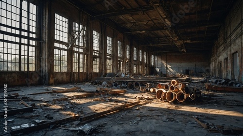 Sunlight streams through large, broken windows of abandoned factory, illuminating scattered debris, dust particles in air. Floor littered with wooden planks, metal scraps, pile of rusted pipes.