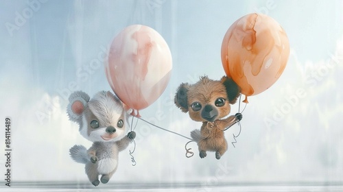  A few small dogs soar through the sky with two large pink-orange doughnut-shaped balloons photo