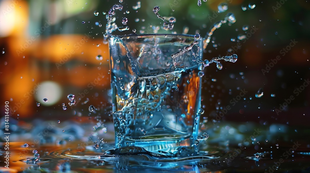 Water splashes dramatically out of a color glass, frozen in a captivating moment. Water splashes dramatically out of a color glass, frozen in a captivating moment.