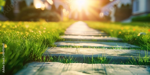 A Serene and Vibrant Garden Path Illuminated by Morning Sunlight, Surrounded by Green Grass and Neatly Arranged Stones, Creating a Tranquil and Inviting Outdoor Space, Generative AI