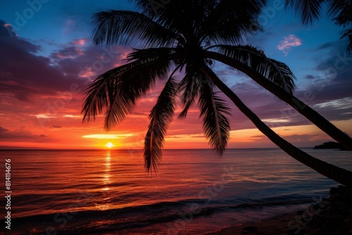 Breathtaking view of a vibrant sunset and palm silhouettes at a serene beach