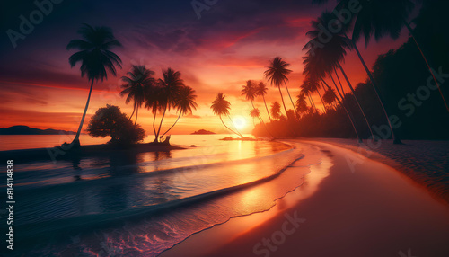 Tropical deserted ocean beach at sunset with palm trees