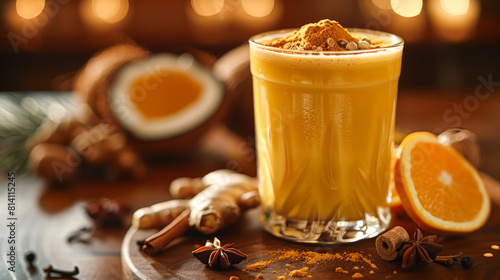 A glass of a drink with a garnish of cinnamon and ginger on a table. The drink is a mix of orange juice and milk