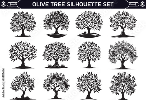 Olive Tree Silhouette Vector Illustration Set