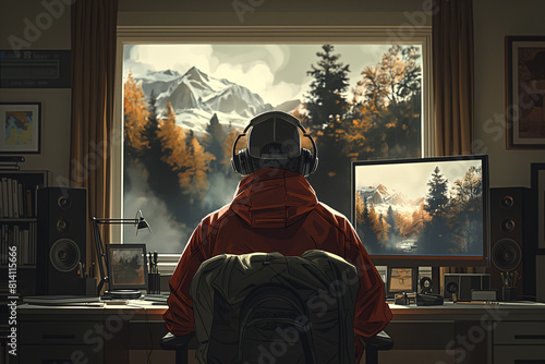 A man in a red jacket sits in front of a computer monitor with a view of mountai photo