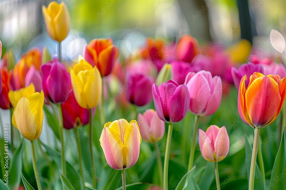 Colorful Array of Tulips in a Public Garden, Space for Text on a Park Day Blurred Background Colorful Array of Tulips in a Public Garden, Space for Text on a Park Day Blurred Background