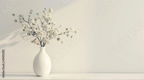 Minimalist wallpaper with spring bouque in an elegant white vase on the left side of the image  unicolor background  harmonious composition