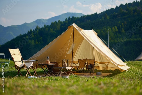 A serene camping site with a spacious tent set against a picturesque mountain backdrop, inviting adventure photo