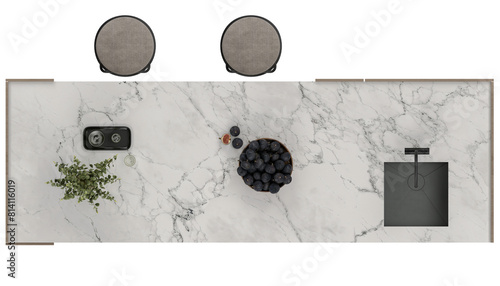 Cuadro en lienzo top view of kitchen island, white marble top, isolated on transparent backgroun