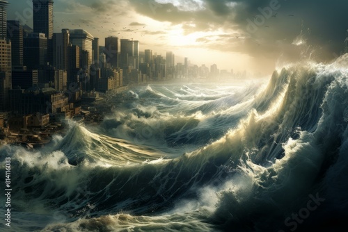 Terrifying Big tsunami city wave. Surf tropical. Generate Ai