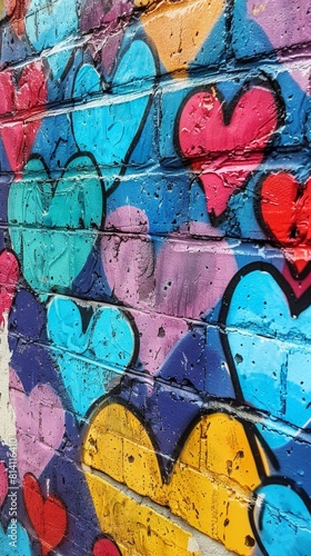 Colorful wall with many hearts painted on it