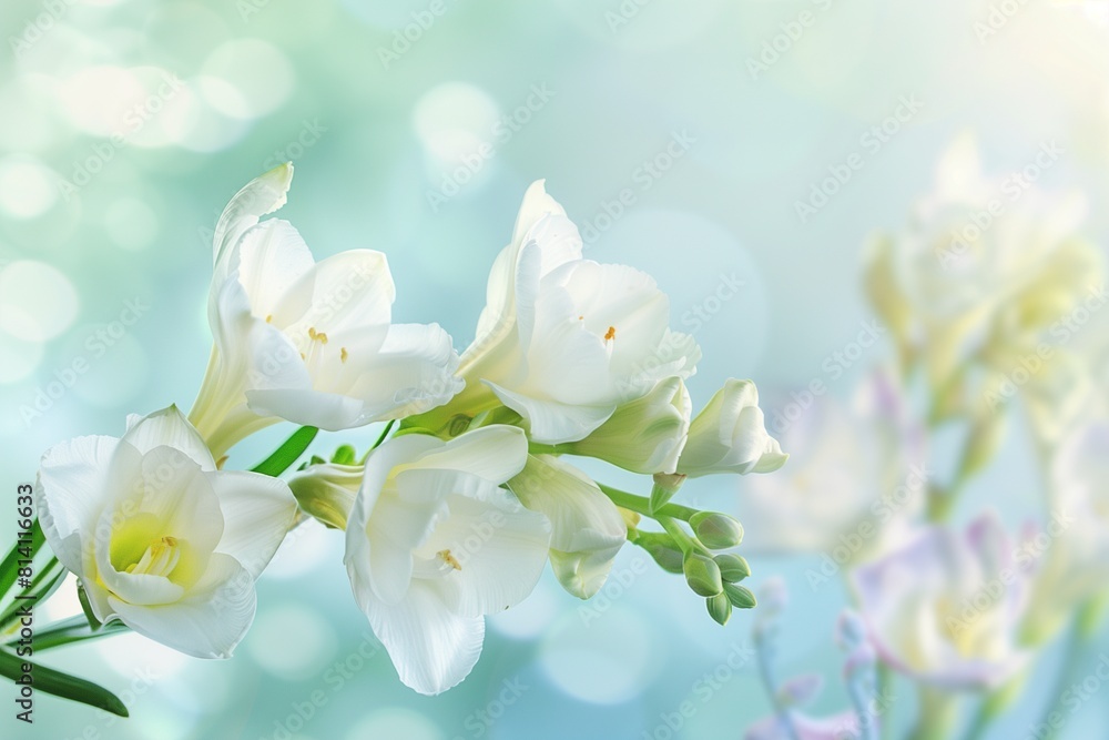 Obraz premium Fragrant Freesias in a Soft Spring Breeze, Ample Text Space on a Breezy Day Blurred Background