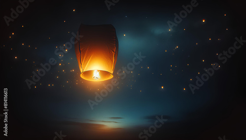 Burning Chinese lantern in the night sky close-up, copy space