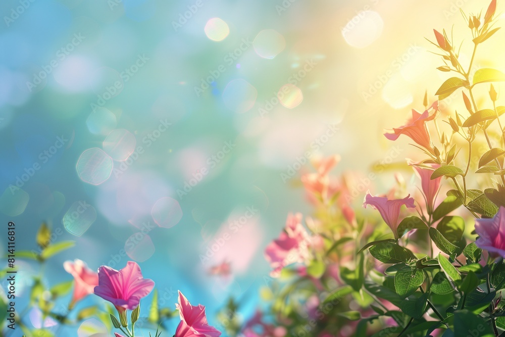 Fresh Morning Glory at Sunrise, Text Space on a Sky Blue Blurred Background Fresh Morning Glory at Sunrise, Text Space on a Sky Blue Blurred Background