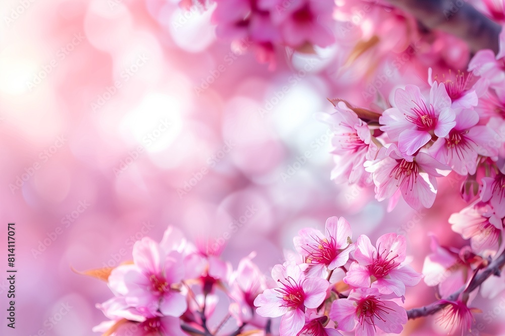 Fototapeta premium Gentle Pink Cherry Blossoms, Text Space on a Dreamy, Blurred Sakura Background