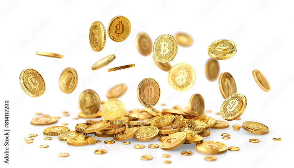 Many gold coins falling on white background. Many gold coins falling on white background.