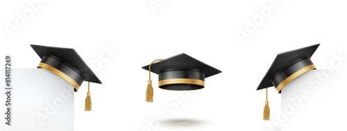  Graduate college, high school or university cap set isolated on white background. Black 3d degree ceremony hat with paper banner. Vector educational student symbols
