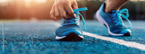 The runner crouched by the track, carefully tying the laces of his athletic shoes in preparation for the upcoming race.