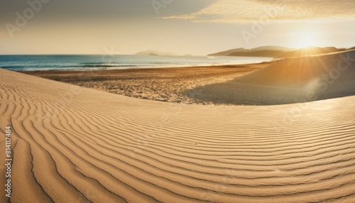 A pristine sandy beach stretching as far as the eye can see  kissed by the gentle rays of the morning sun. AI generated