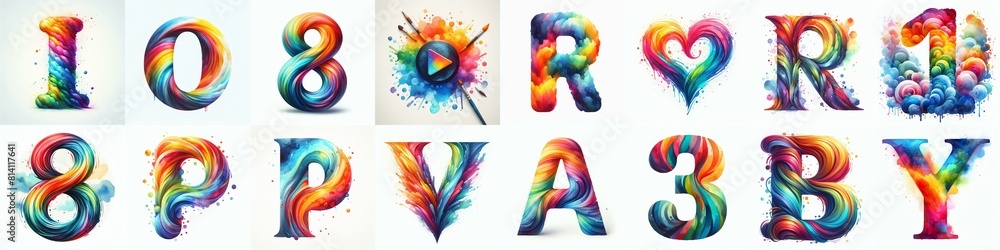 Watercolor bright rainbow colors Lettering Typeface. AI generated illustration