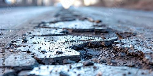 Unsafe Ukrainian road with numerous potholes and cracks. Concept Road Safety, Infrastructure, Potholes, Ukrainian Highways, Construction and Maintenance