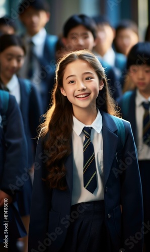 A girl in a school uniform is smiling. Generative AI.