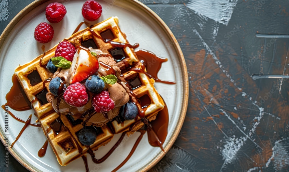 Delicious Waffles with Chocolate Ice Cream and Fresh Berries Generative AI