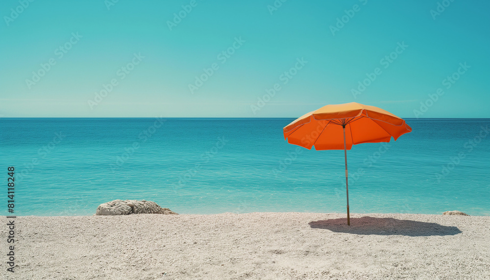 Beach concept. Summer landscape with orange umbrella on white sand close to calm sea with sunny blue sky. Minimal. Tropical.
