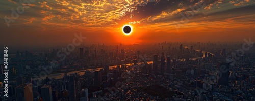 Captivating solar eclipse over a vibrant cityscape, with the Moon blocking the Sun, casting an ethereal glow and creating a dramatic night scene photo