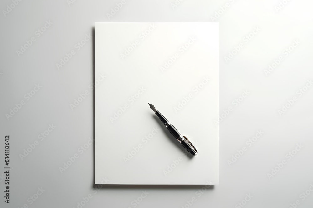 A blank white sheet of paper and a fountain pen lying on it on a light background, copy space A blank white sheet of paper and a fountain pen lying on it on a light background, copy space