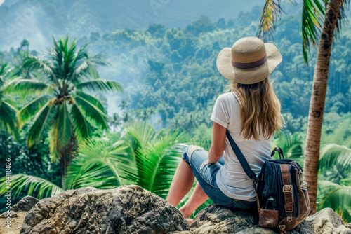 Travel and tourism concept. Young woman tourist with backpackers sitting on the rock and enjoy stanning view of tropical forest, back view.