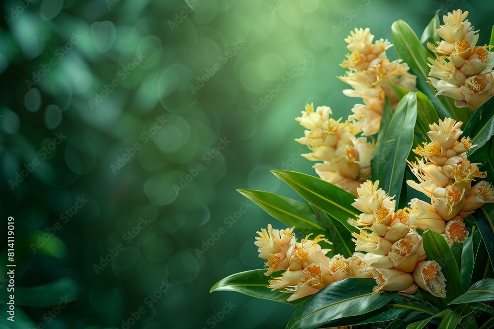 Tropical Ginger Flowers in a Jungle Setting, Ample Text Space on a Deep Green Blurred Background Tropical Ginger Flowers in a Jungle Setting, Ample Text Space on a Deep Green Blurred Background