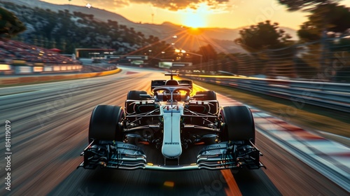 A dynamic shot from the driver's perspective in a classic red racing car speeding along a racetrack, showcasing motion blur and sunset light.