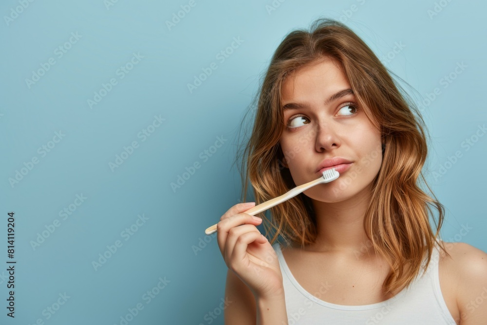 A woman brushing her teeth with a toothbrush in her mouth. Generative AI. A woman brushing her teeth with a toothbrush in her mouth. Generative AI.